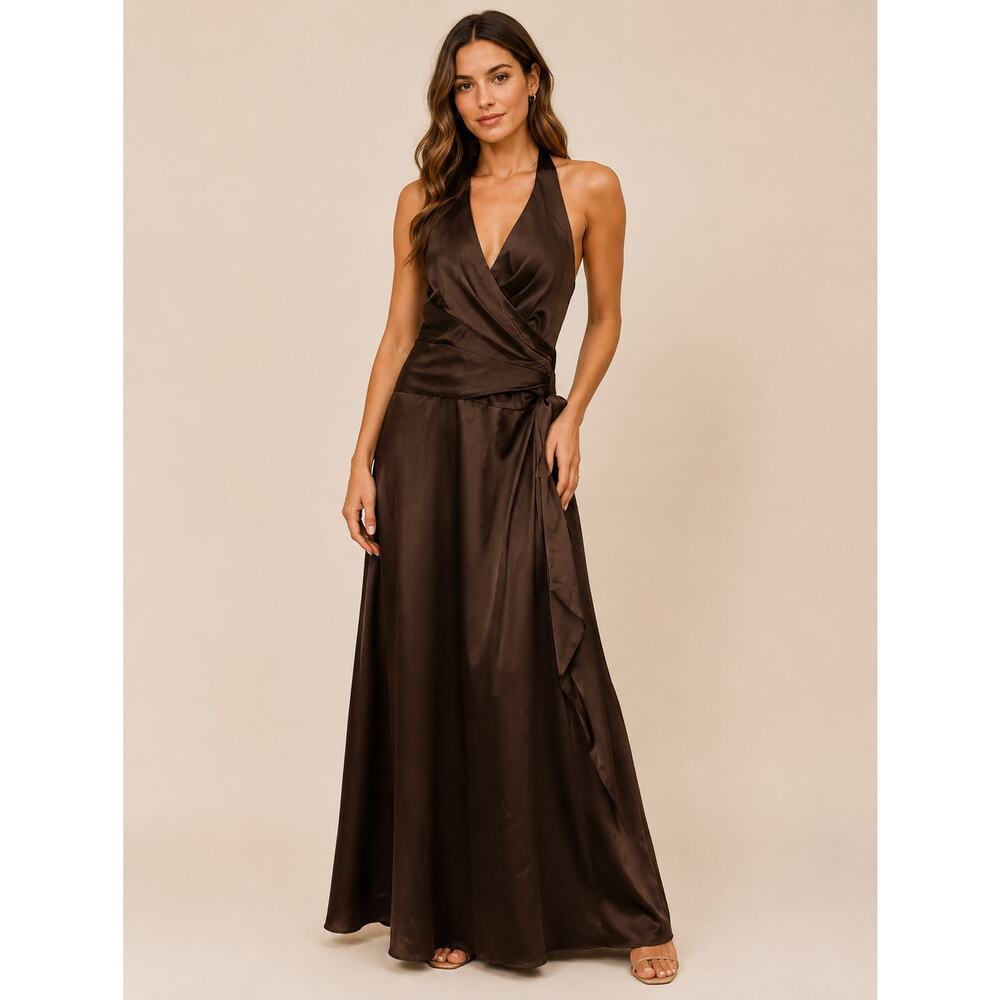 Dessy Collection Chocolate Brown Satin Halter Wrap Maxi Dress Sz 12 Formal Gown
